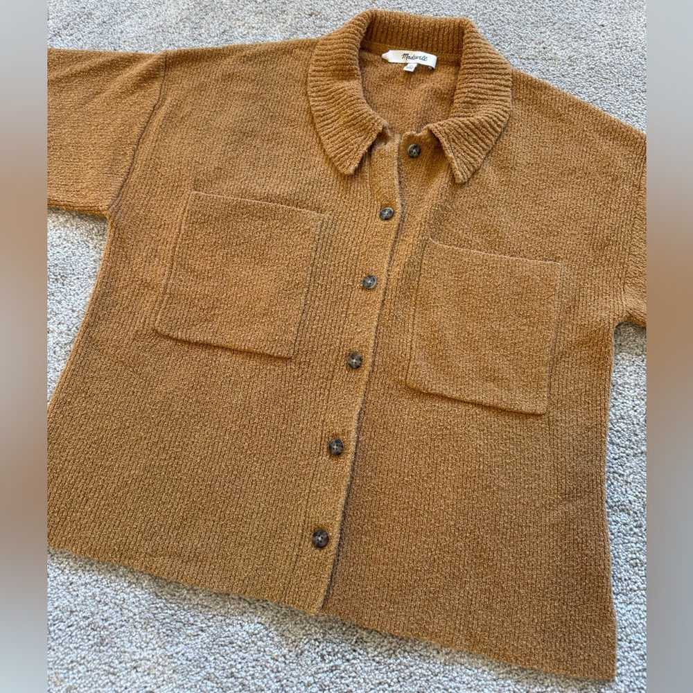 Madewell Collared Short Sleeve Cardigan Sweater XS Camel Brown Button Front